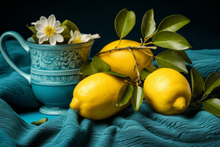 lemons and flowers in a teacup on a blue backgroundの素材