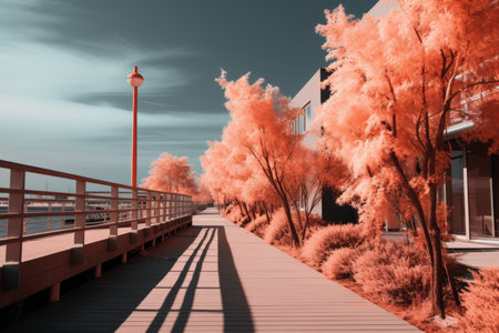 infrared image of a walkway with trees and a building in the backgroundの素材
