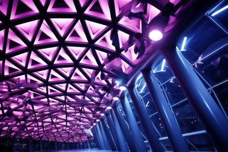 purple lights illuminate the inside of a buildingの素材