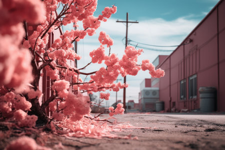 pink flowers in front of a red buildingの素材