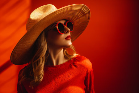 portrait of beautiful woman in hat and sunglasses on red backgroundの素材
