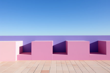 pink and purple cubes on a wooden floor with a blue sky in the backgroundの素材