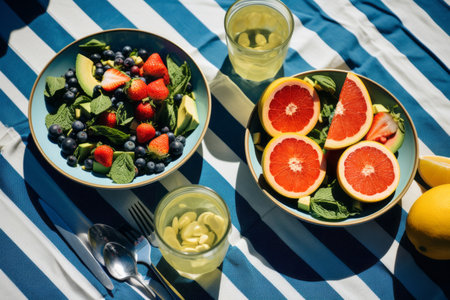 grapefruit blueberries and spinach salad on a blue and white striped tableの素材