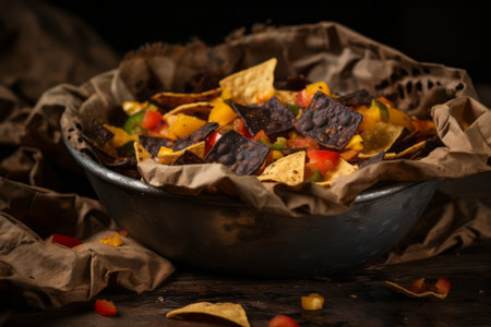 nachos in a bowl on a wooden tableの素材