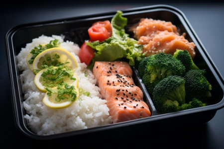 japanese bento lunch box with salmon rice and vegetablesの素材