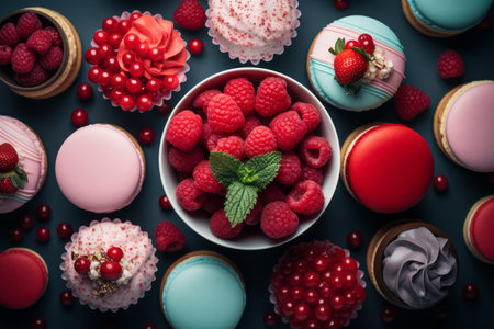 colorful macarons with raspberries and mint on a dark backgroundの素材