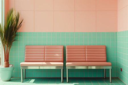 pink and turquoise tiled walls and a bench in front of a potted plantの素材