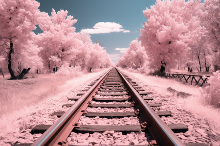 infrared image of a train track with pink treesの素材
