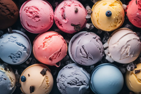 colorful scoops of ice cream on a black backgroundの素材