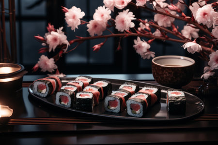 sushi rolls on a tray with cherry blossoms and candlesの素材