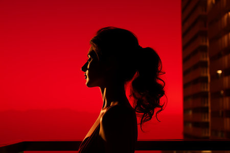 silhouette of a woman looking at a red skyの素材