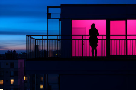 silhouette of a woman standing on the balcony of a buildingの素材
