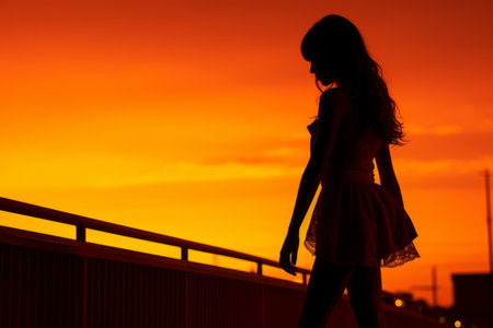 silhouette of a woman walking on a bridge at sunsetの素材