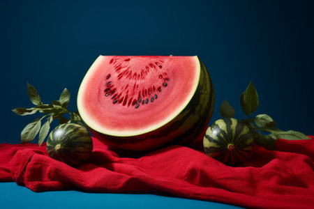 still life with watermelon on red cloth on blue backgroundの素材