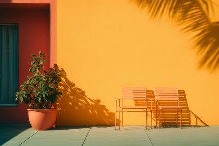 two chairs and a potted plant in front of an orange wallの素材