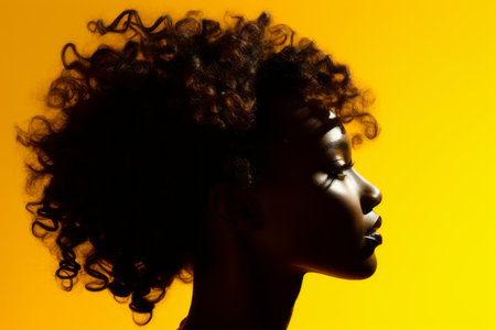 silhouette of african american woman with curly hair on yellow backgroundの素材