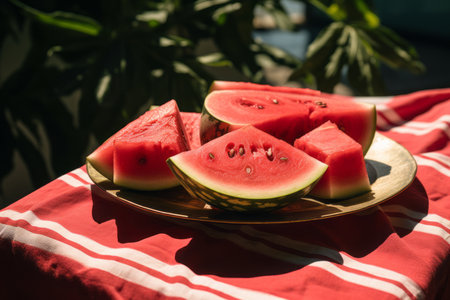 sliced watermelon on a red and white striped tableclothの素材