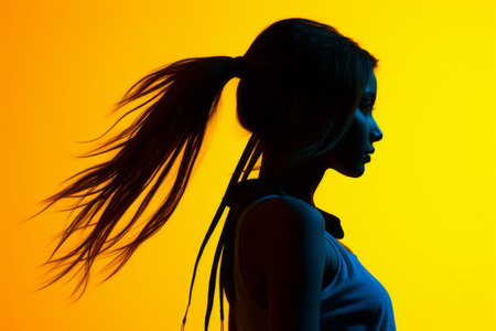 silhouette of girl with ponytail on yellow and orange backgroundの素材
