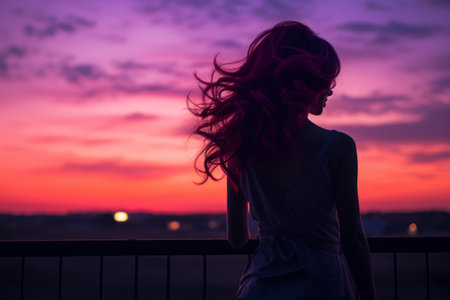 silhouette of a woman looking out over the city at sunsetの素材