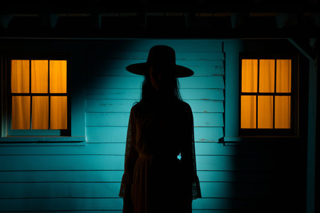 silhouette of a woman in a hat standing in front of a blue houseの素材