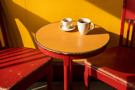 two coffee cups sit on a table in front of a yellow wallの素材