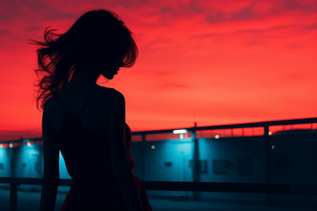 silhouette of a woman looking at the sky at nightの素材