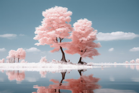 three pink trees are reflected in the waterの素材