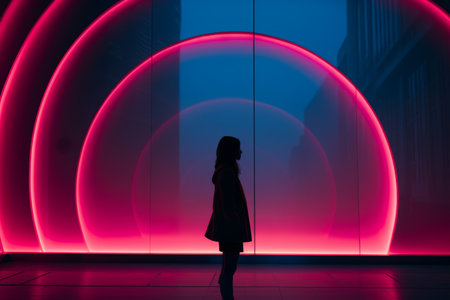 silhouette of a woman standing in front of a pink lightの素材