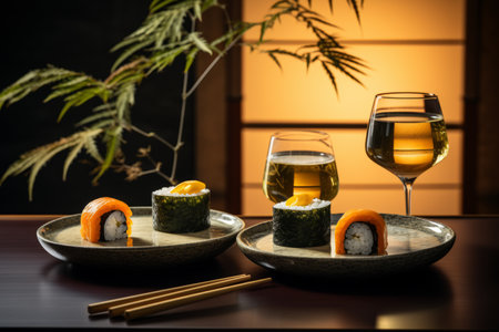 two plates with sushi and a glass of wineの素材