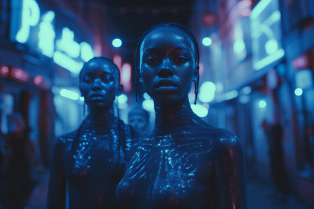 two black women standing in the middle of a city street at nightの素材