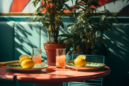 two glasses of lemonade on a table in front of a plantの素材