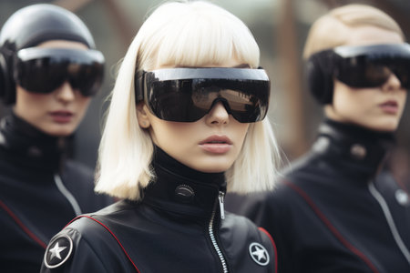 three women in black leather jackets and sunglassesの素材