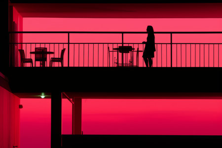 silhouette of a woman standing on the balcony of a buildingの素材