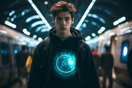 young man in black hoodie standing in subway stationの素材