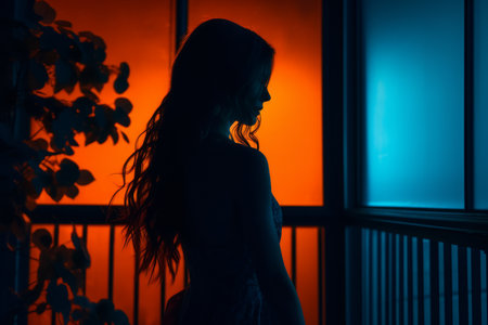 the silhouette of a woman standing in front of an orange and blue lightの素材