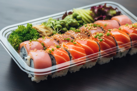 sushi in a plastic container on a wooden tableの素材