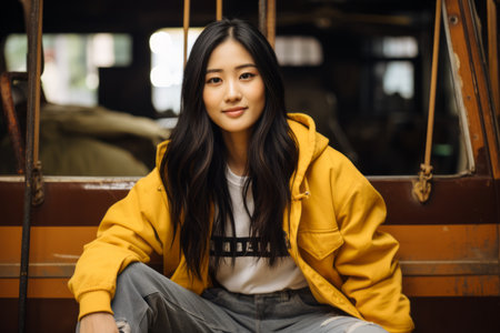 young asian woman in yellow jacket sitting on a benchの素材