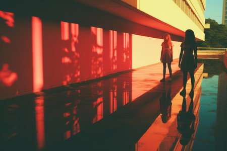 two women standing in front of a buildingの素材