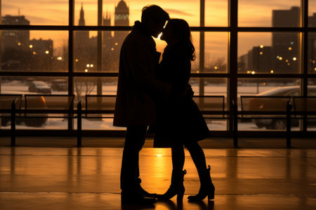 silhouette of a couple kissing in front of a large windowの素材