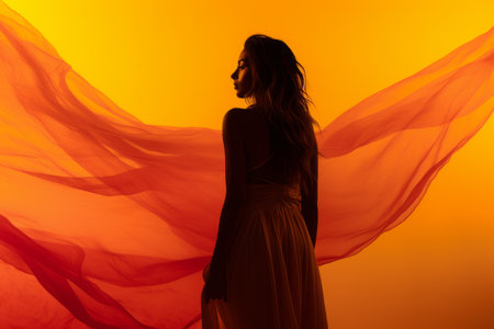 silhouette of a woman in a long dress standing in front of an orange curtainの素材