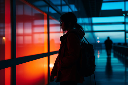 silhouette of a woman walking through an airportの素材