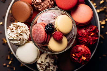 various macarons are arranged in a bowl on a tableの素材
