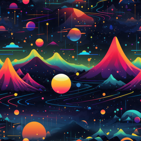 a colorful space background with mountains planets and starsの素材