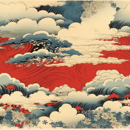 a japanese painting with clouds and red and white flowersの素材