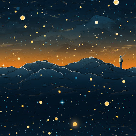 a man standing on top of a mountain at night with stars in the skyの素材