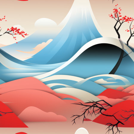a japanese landscape with mountains and treesの素材