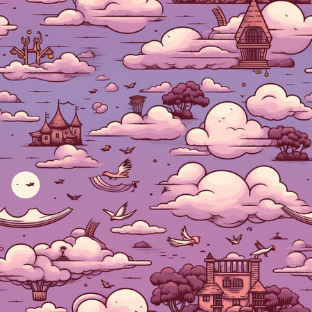 a seamless pattern with clouds and houses in the skyの素材