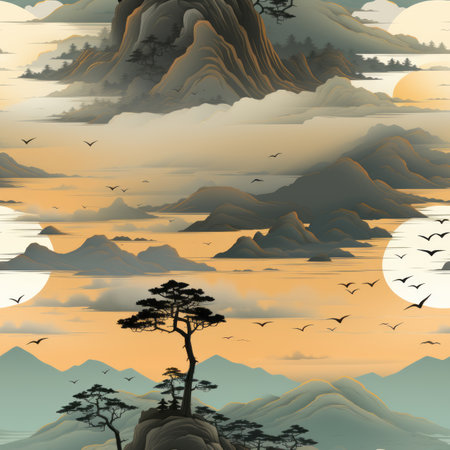 an asian landscape with mountains birds and treesの素材