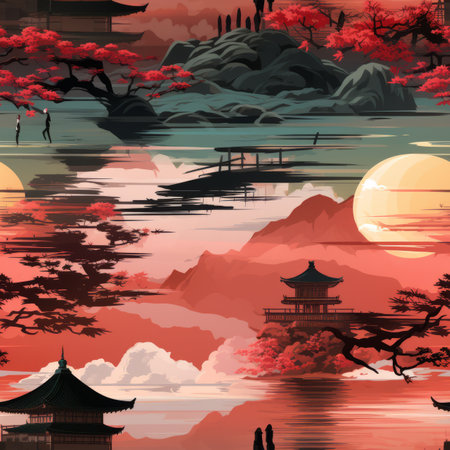 an asian landscape with a pagoda and treesの素材