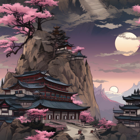an asian village with pink trees and mountains in the backgroundの素材